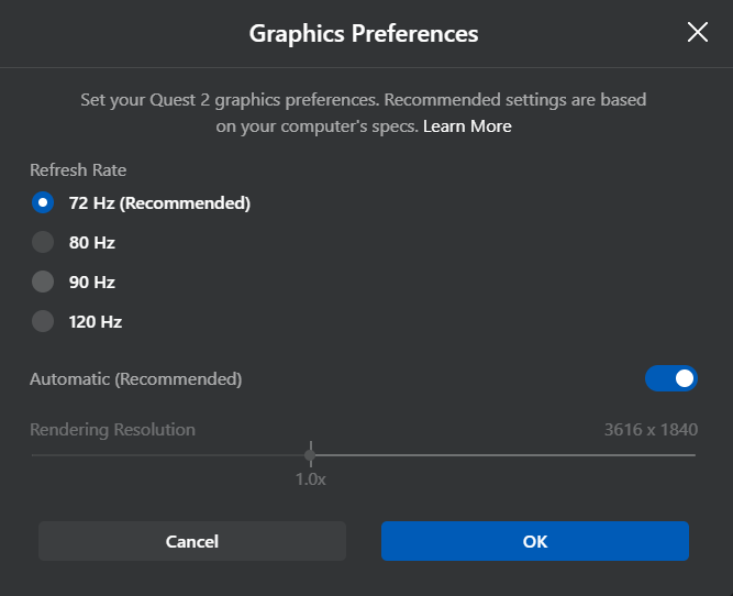 Change refresh rate and render resolution Quest 2