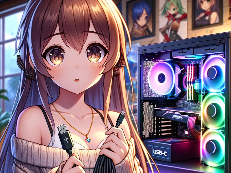 Anime girl holding a USB-C Cable to connect Quest 3 to computer